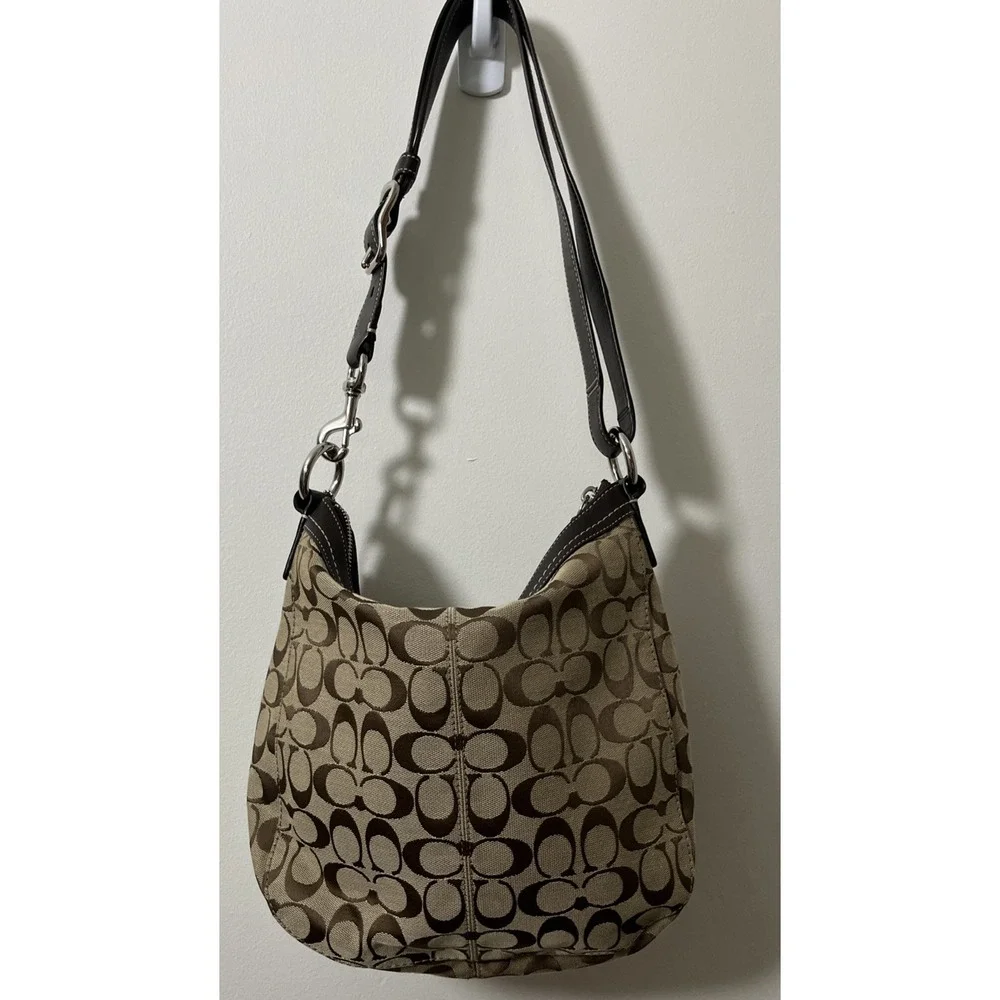 Coach Shoulder Bag Xbody Signature Chelsea Khaki Brown Jacquard Leather Silver